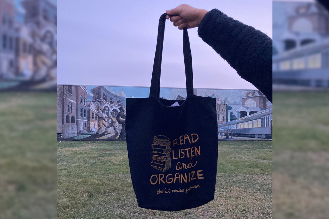 a photo of the Lit Review tote bag being held up